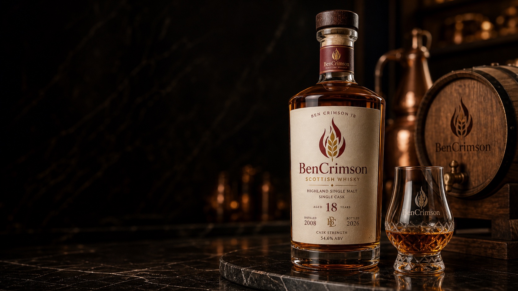 Ben Crimson IB 18 year single cask whisky bottle with tasting glass