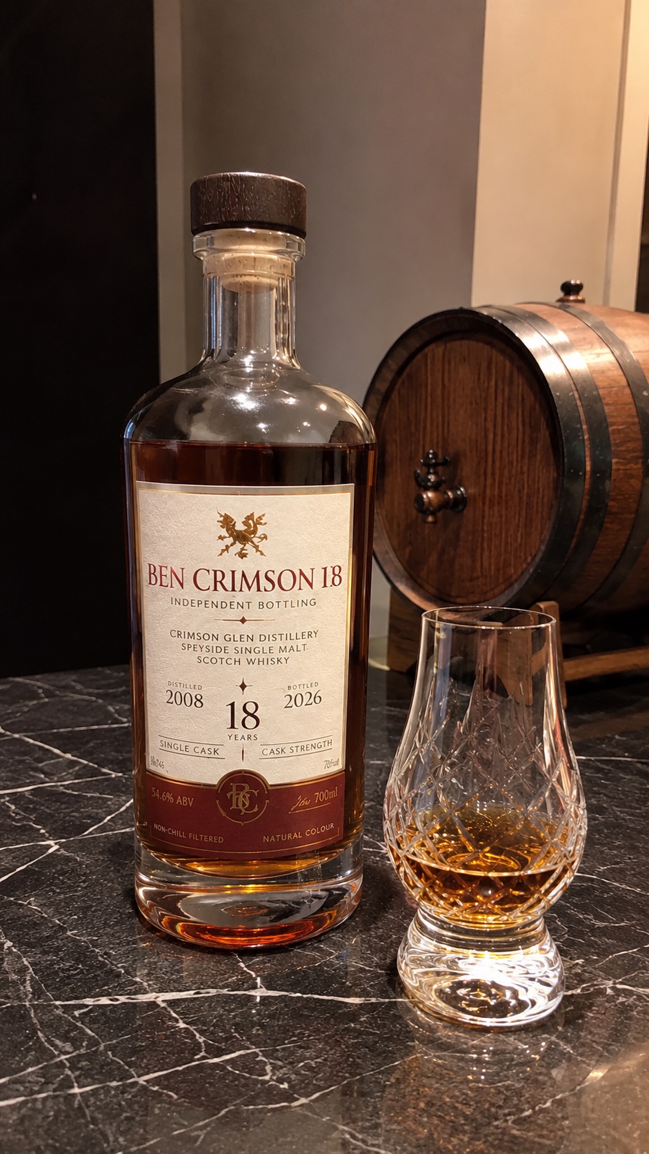 Ben Crimson 18 independent bottling bottle with tasting glass
