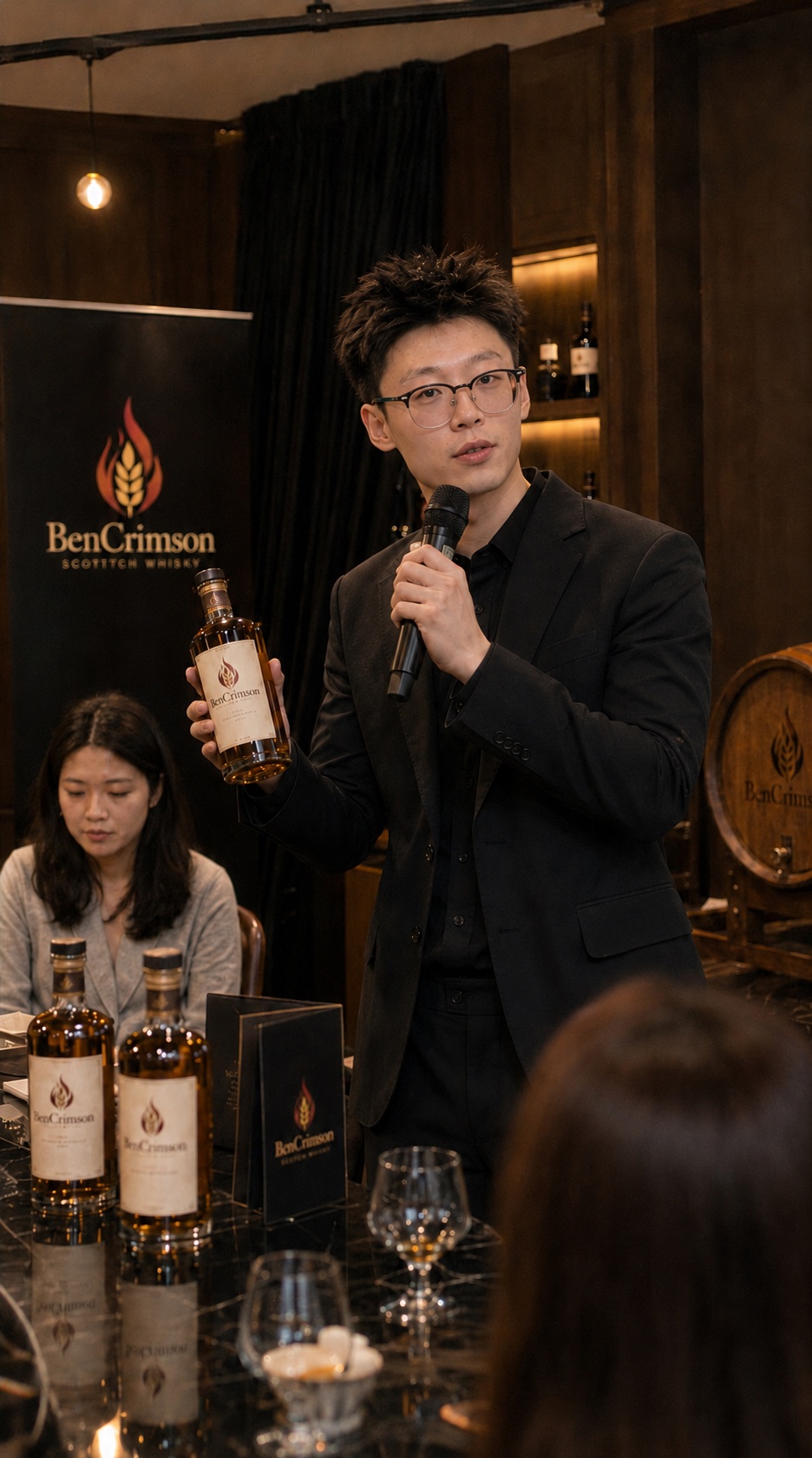 Ben Crimson whisky masterclass host presenting IB bottles